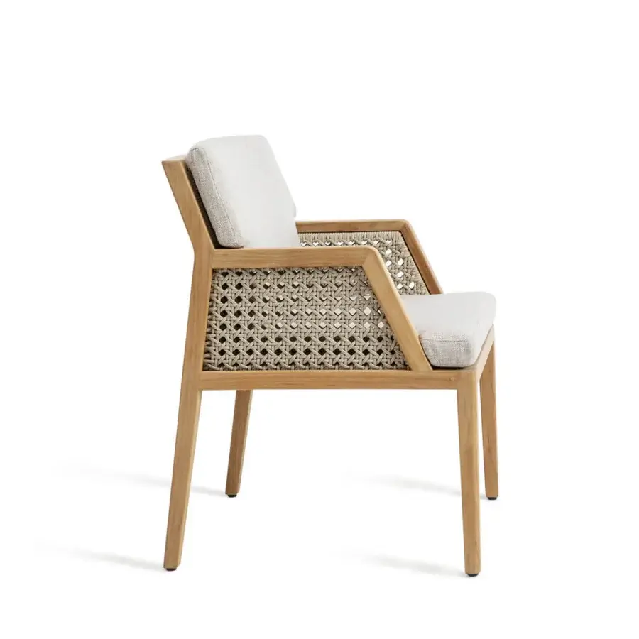 Elegant Ethimo Grand Life armchair crafted in Italy with woven back and satin finish wood frame in brown and off-white tones