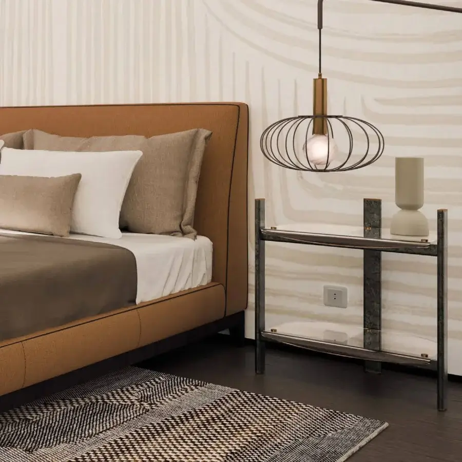 Exceptional Borzalino Petra nightstand with creamy beige translucent stone and dark gray matte metal finish