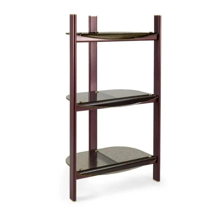 Architectural Borzalino Petra console crafted with reddish-brown wood and a satin finish, supported by a gold-toned metal frame