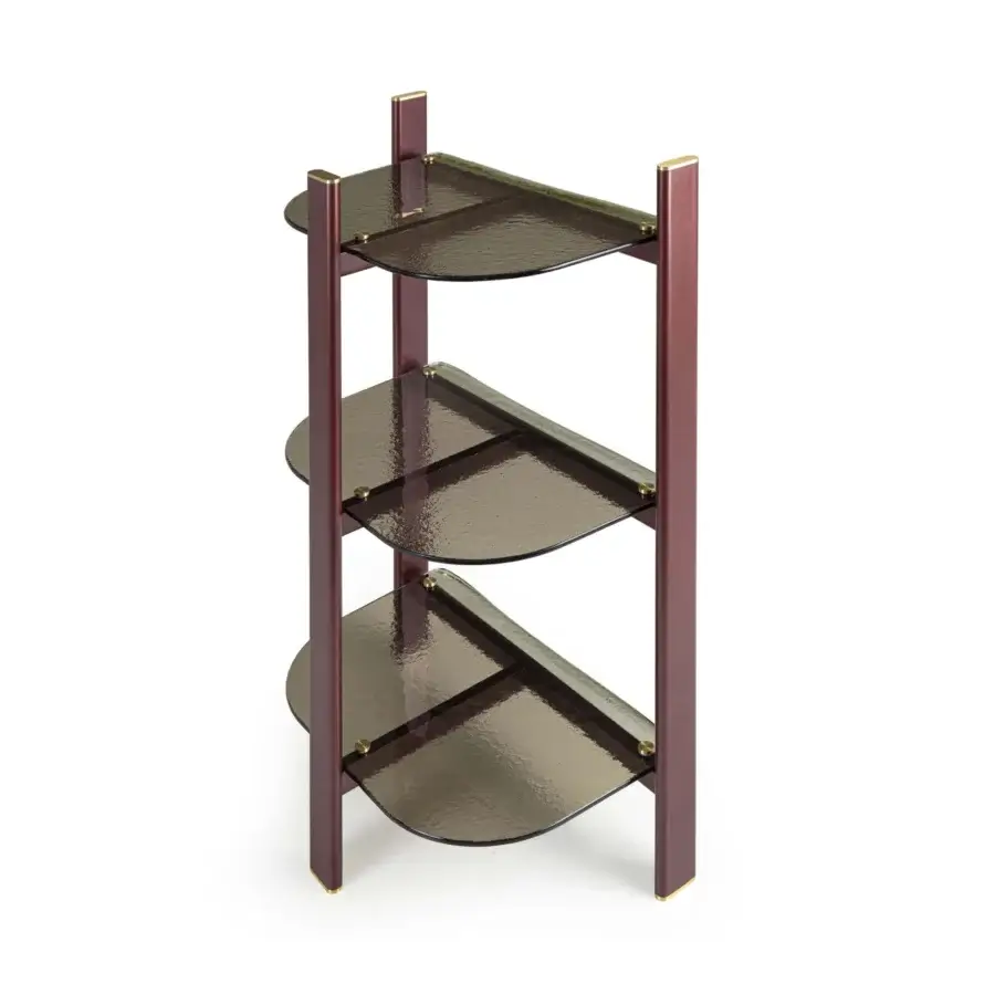 Distinguished Borzalino Petra console crafted with reddish-brown wood and dark gray tempered glass shelves with golden metal accents