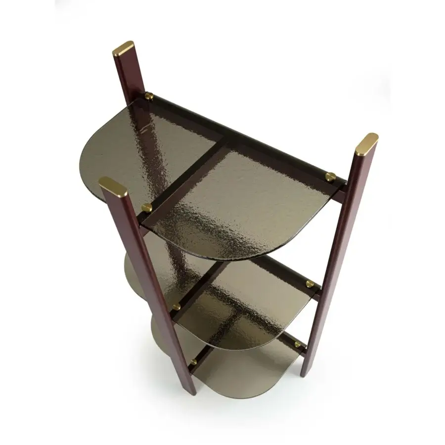 Exceptional Borzalino Petra console crafted with reddish-brown wood and smoky gray tempered glass shelves with a satin finish