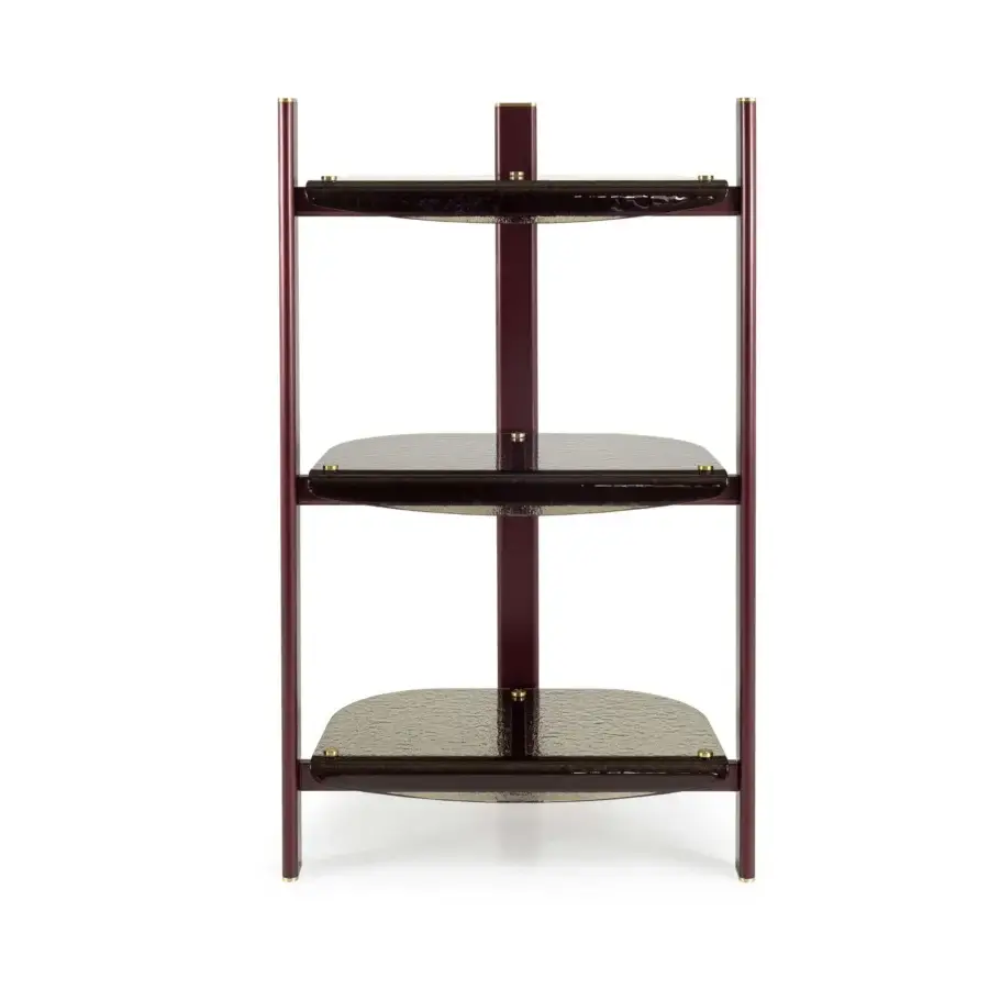 Architectural Borzalino Petra console crafted with dark burgundy wood and gold-toned accents, including tempered glass shelves