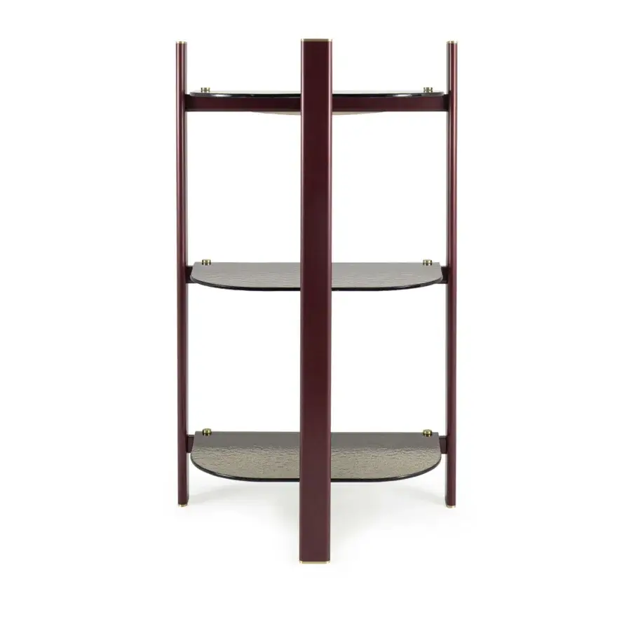 Superior Borzalino Petra console crafted with reddish-brown wood and tinted glass shelves in a satin finish