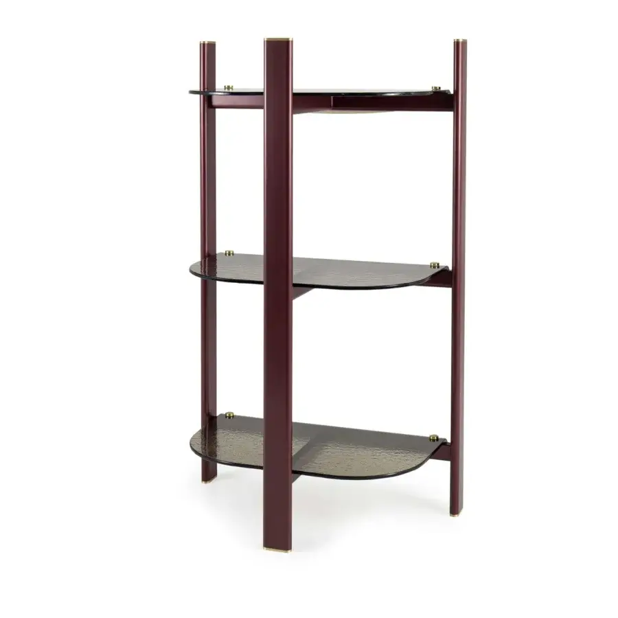 Distinguished Borzalino Petra console crafted with reddish-brown stained wood and tempered glass shelves in a satin finish with golden accents