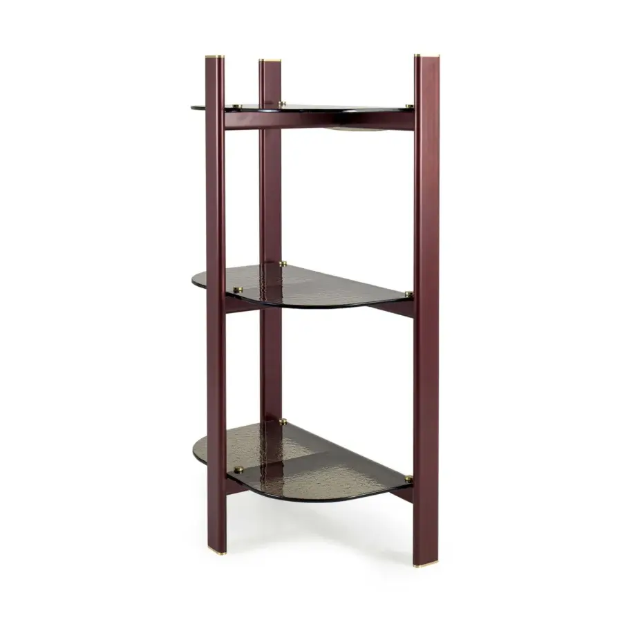 Architectural Borzalino Petra console in satin-finished wood with transparent tempered glass shelves and golden tone accents