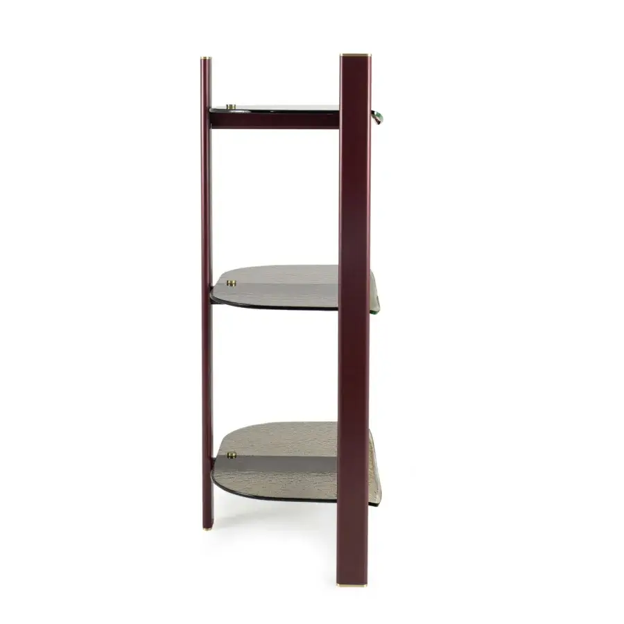 Captivating Borzalino Petra console in reddish-brown wood with gold accents and transparent tempered glass shelves