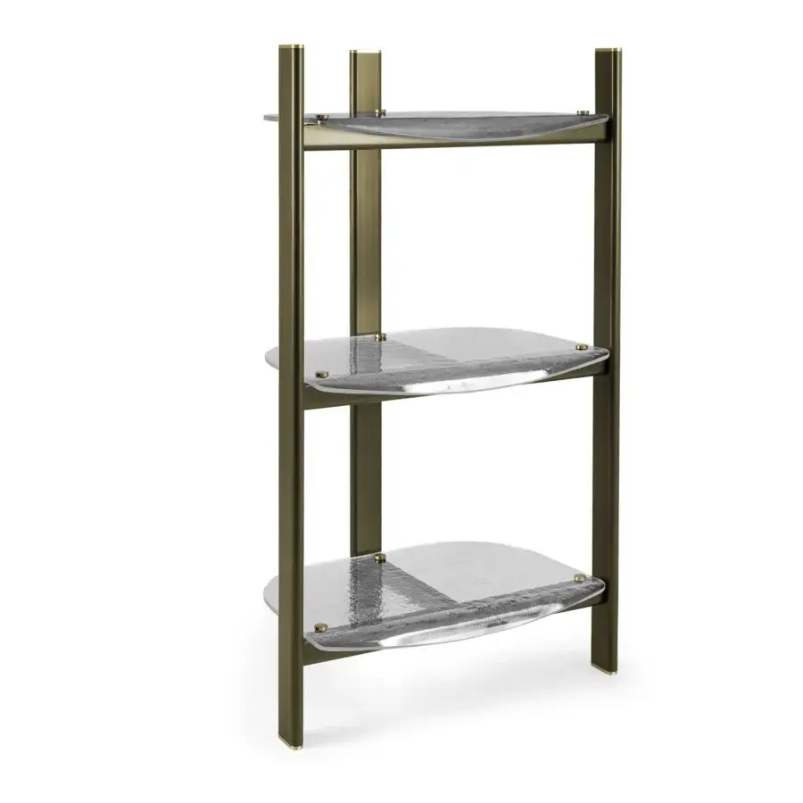 Architectural Borzalino Petra console with satin olive-green metal frame and transparent tempered glass shelves crafted with a minimalist finish