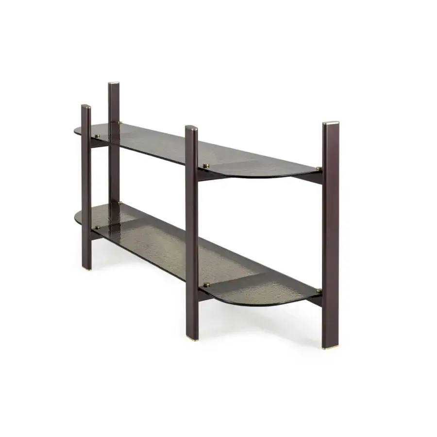 Distinguished Borzalino Petra console with matte dark brown wood frame and transparent smoky grey tempered glass shelves crafted with gold-toned metal accents