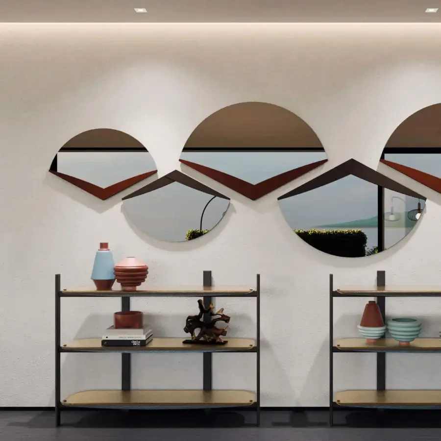 Architectural Borzalino Petra console with medium brown wood and tempered glass shelves in satin finish