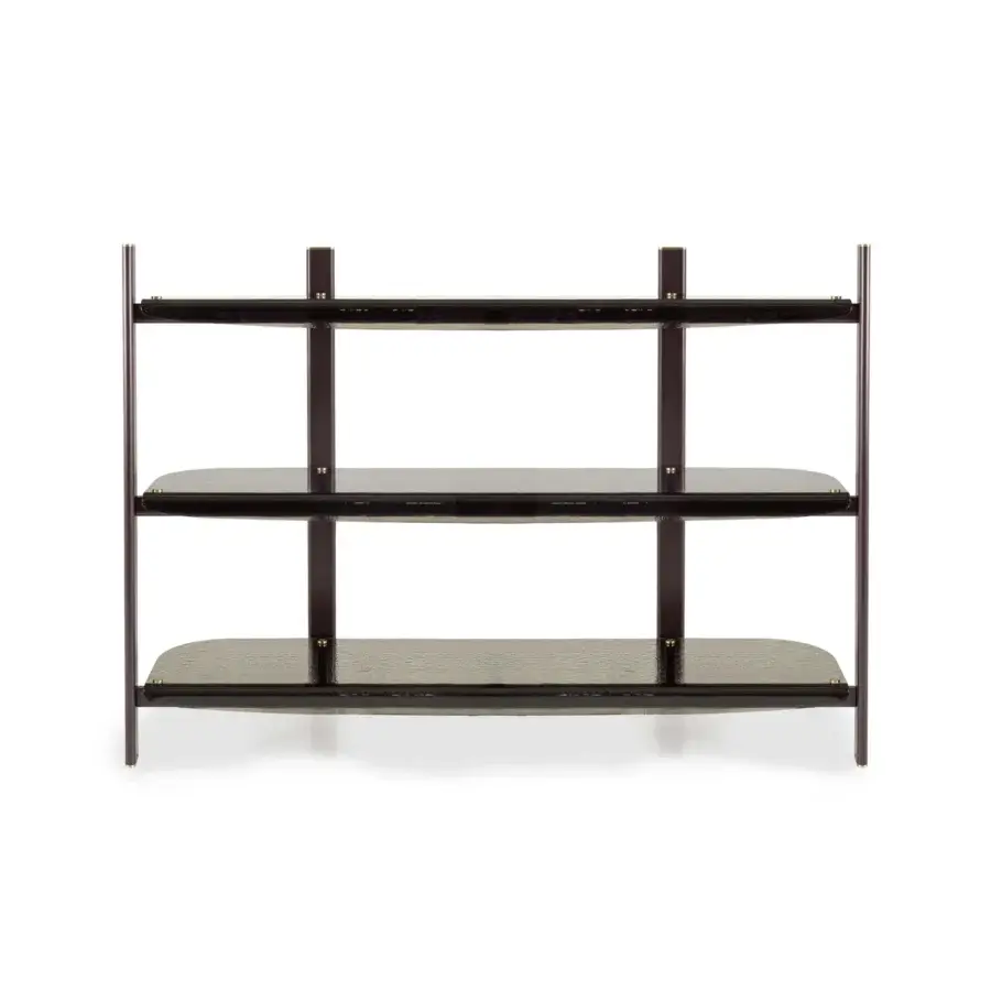 Elegant Borzalino Petra console with a dark reddish-brown wood tone and glossy black finish crafted with metal and tempered glass shelves