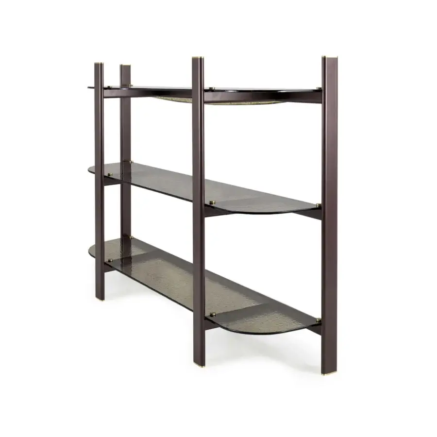 Architectural Borzalino Petra console crafted with dark brown wood, transparent glass shelves and subtle gold-toned hardware in a satin finish