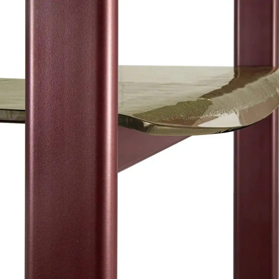 Distinguished Borzalino Petra console in reddish-brown metal with contrasting tempered glass and softly contoured olive-green glass surfaces