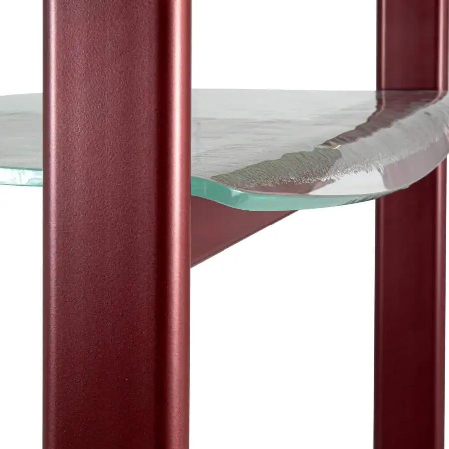 Sophisticated Borzalino Petra console with a reddish-brown matte finish and contrasting tempered glass shelves built with metal supports