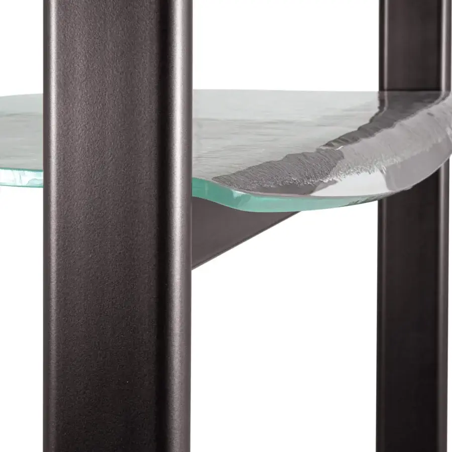 Architectural Borzalino Petra console with dark matte metal framing and transparent tempered glass shelving