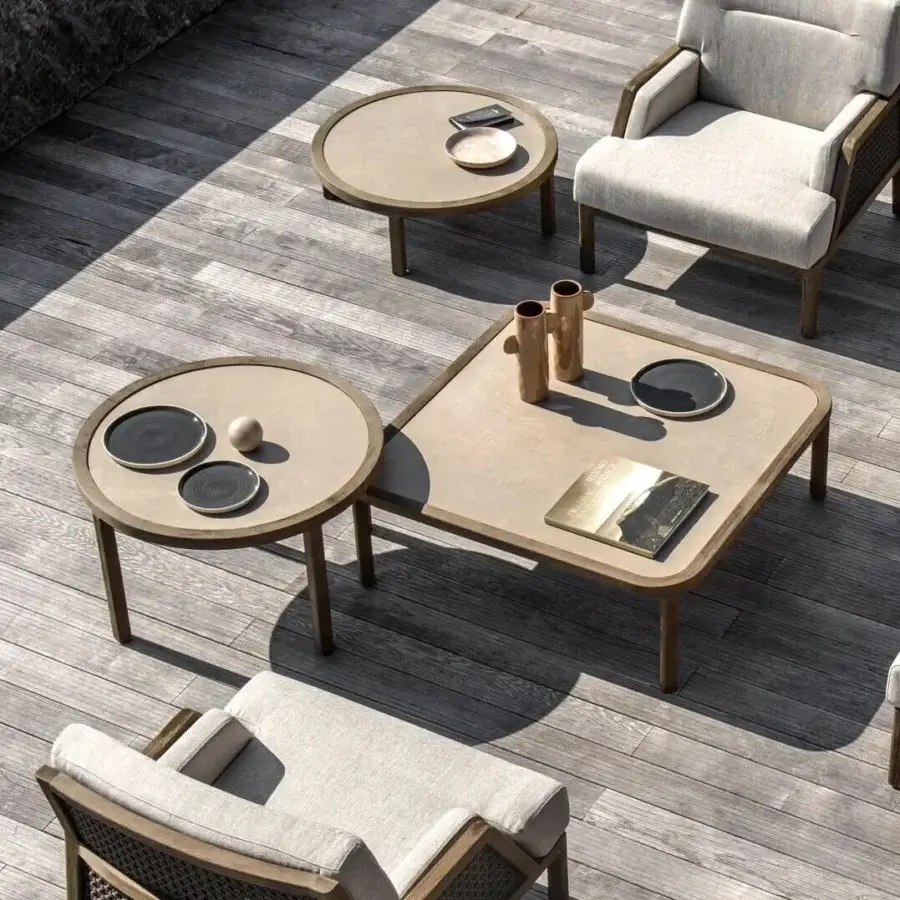 Exceptional Ethimo Grand Life coffee table with light beige tabletop and warm medium-brown satin finish wood base