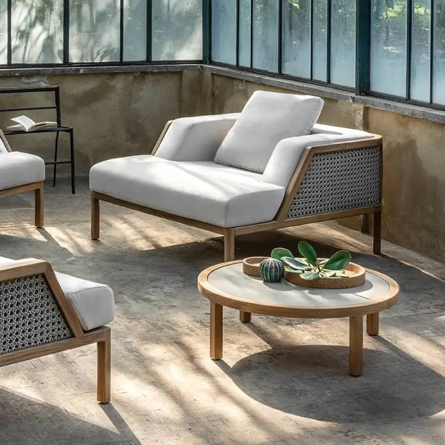 Superior Ethimo Grand Life coffee table crafted in medium-toned brown wood with a smooth satin finish for outdoor living