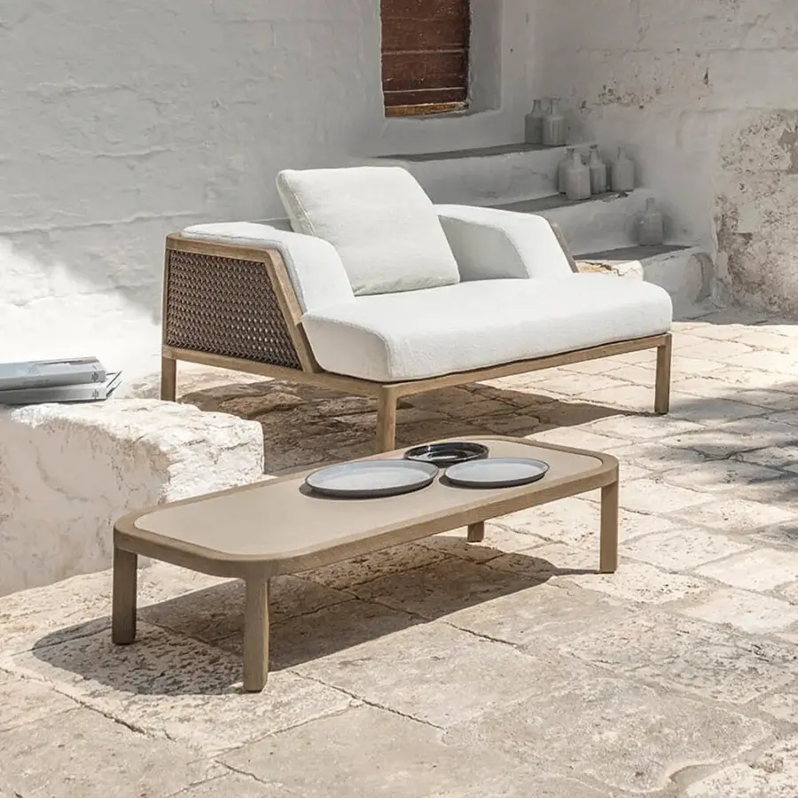 Distinguished Ethimo Grand Life coffee table crafted in light beige wood with a smooth satin finish