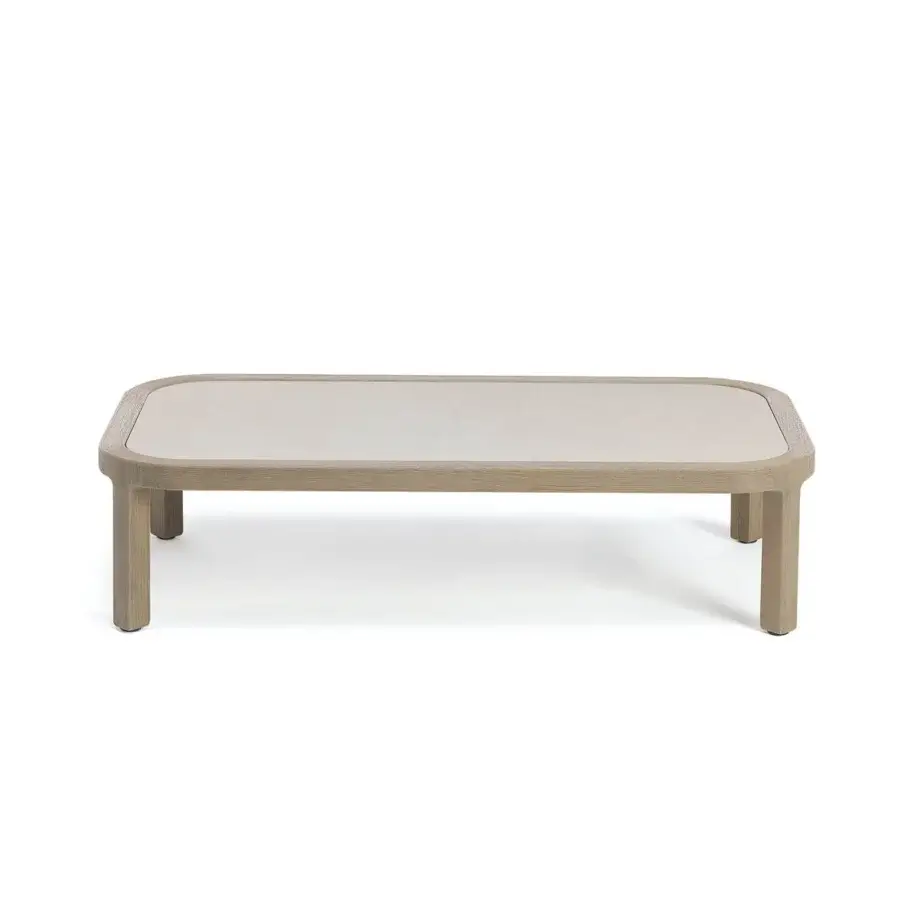 Elegant Ethimo Grand Life coffee table crafted in warm wood with a sleek glass surface and gently rounded edges