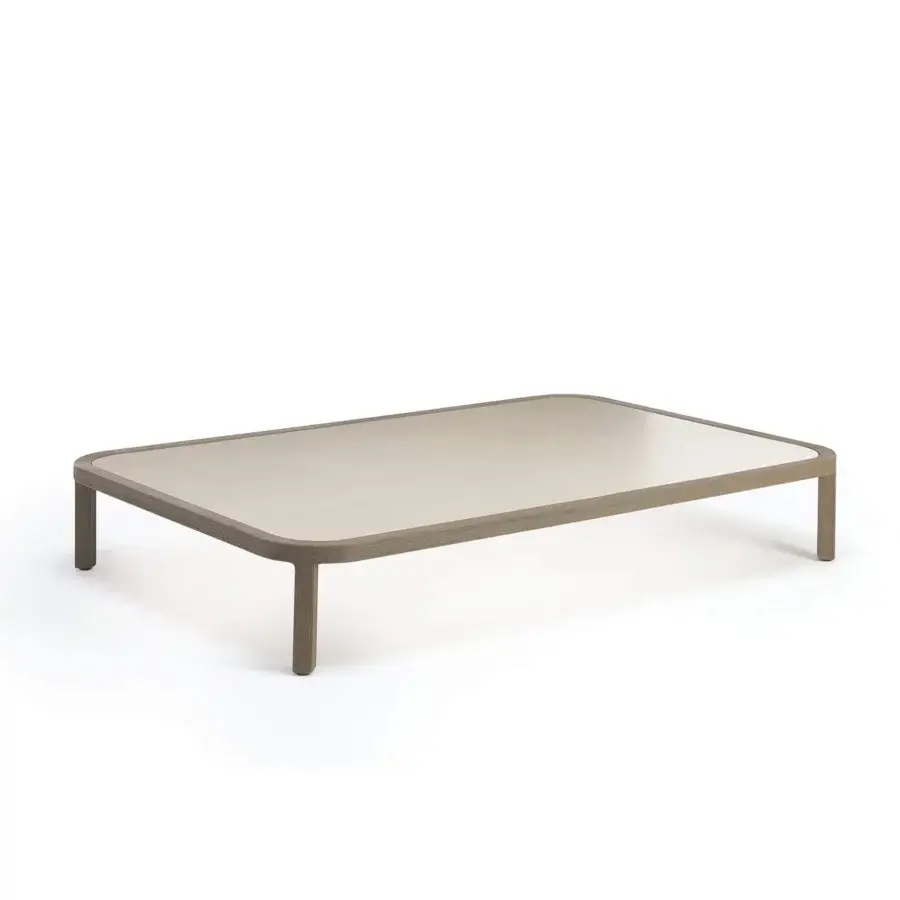 Distinguished Ethimo Grand Life coffee table crafted in Italy with warm gray-brown wood and clear glass with a matte finish