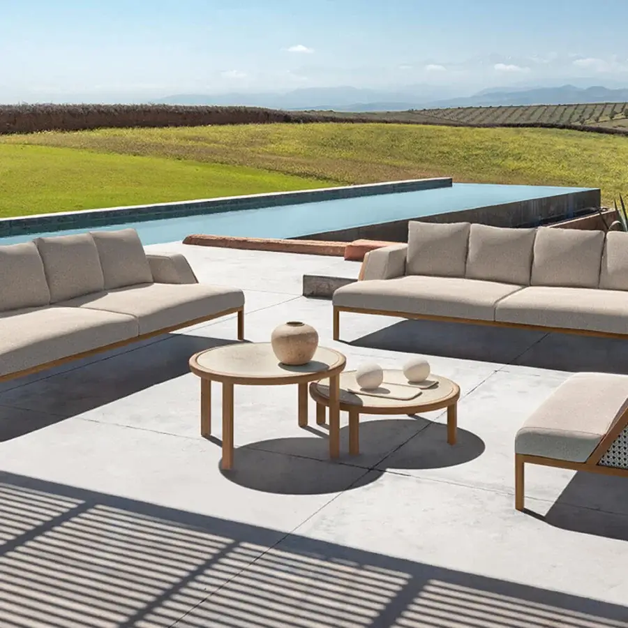 Exceptional Ethimo Grand Life coffee table crafted in Italy with warm brown wood and smooth satin finish
