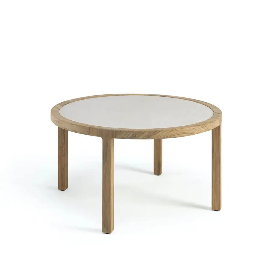 Elegant Ethimo Grand Life coffee table with a light brown wooden frame and muted light gray tabletop finish