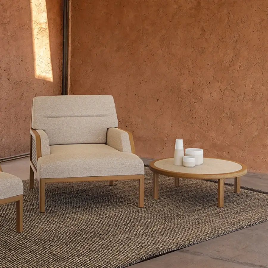 Distinguished Ethimo Grand Life coffee table crafted in Italy with warm light beige wood and a smooth satin finish