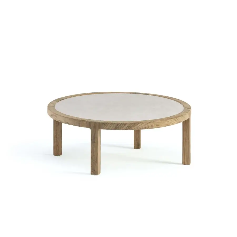 Superior Ethimo Grand Life coffee table in light grey stone composite with medium-toned wood and a matte finish crafted in Italy