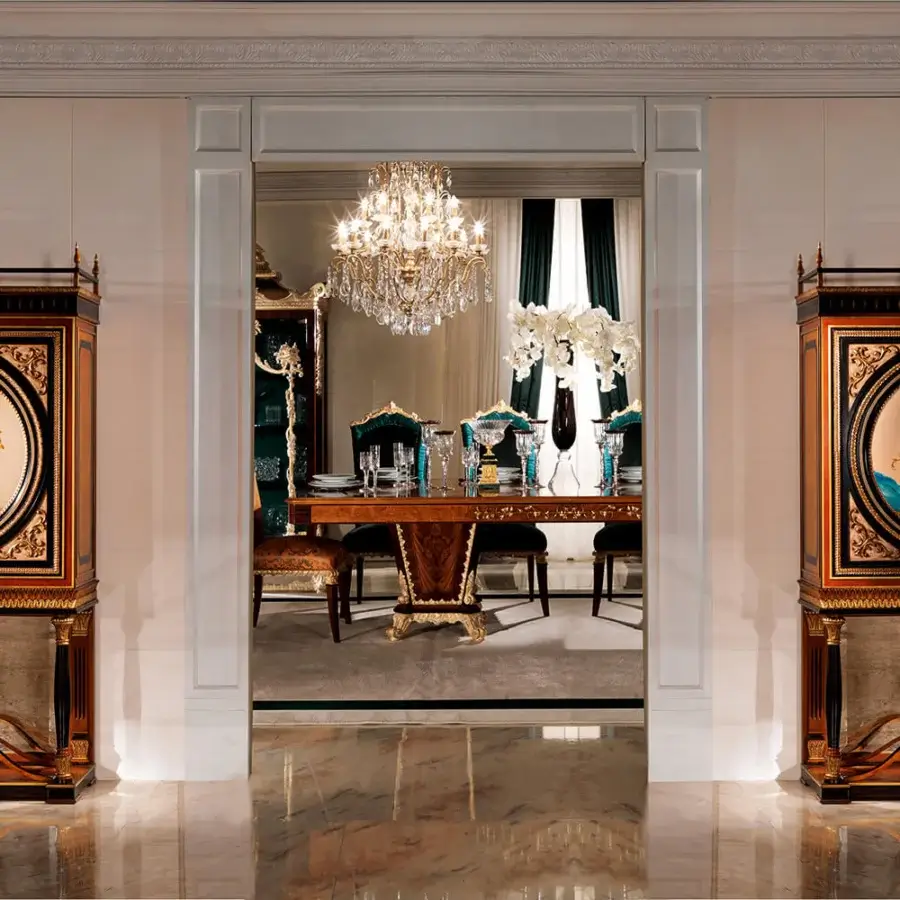 Distinguished Zanaboni T/4200-300 table built in dark brown wood with ornate gilded accents and glossy finish