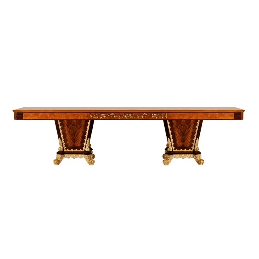 Lavish Zanaboni T/4200-300 table crafted in warm brown wood with gilded detailing and glossy sheen