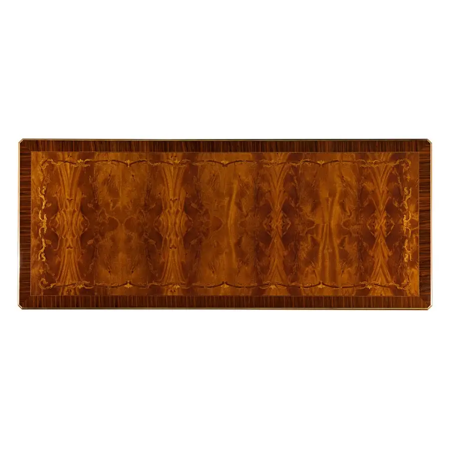 Distinguished Zanaboni T/4200-300 table crafted in medium-brown wood with a satin finish and subtly curved floral inlay