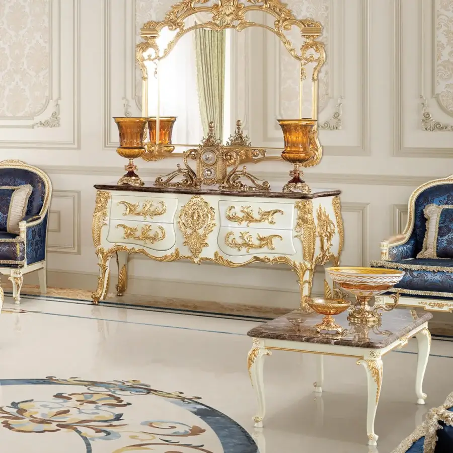 Lavish Modenese Midnight Moon side table with marble tabletop and white hand-carved wood legs in glossy finish