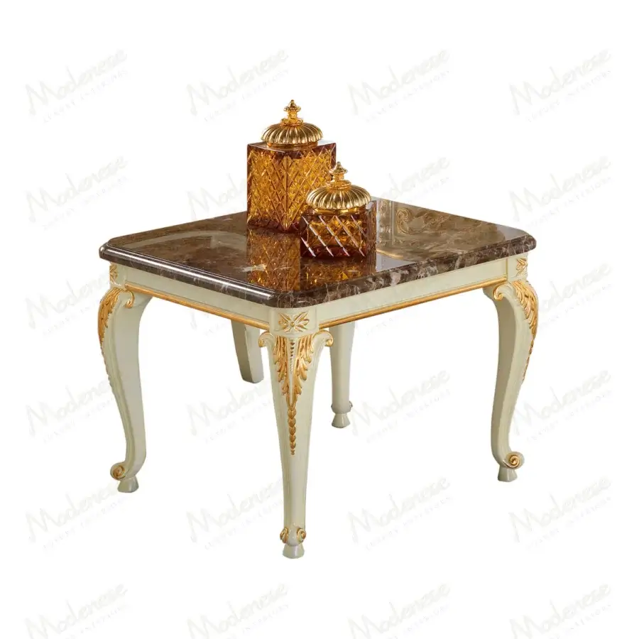 Exquisite Modenese Midnight Moon side table crafted in marble with white hand-carved wood and delicate gold accents