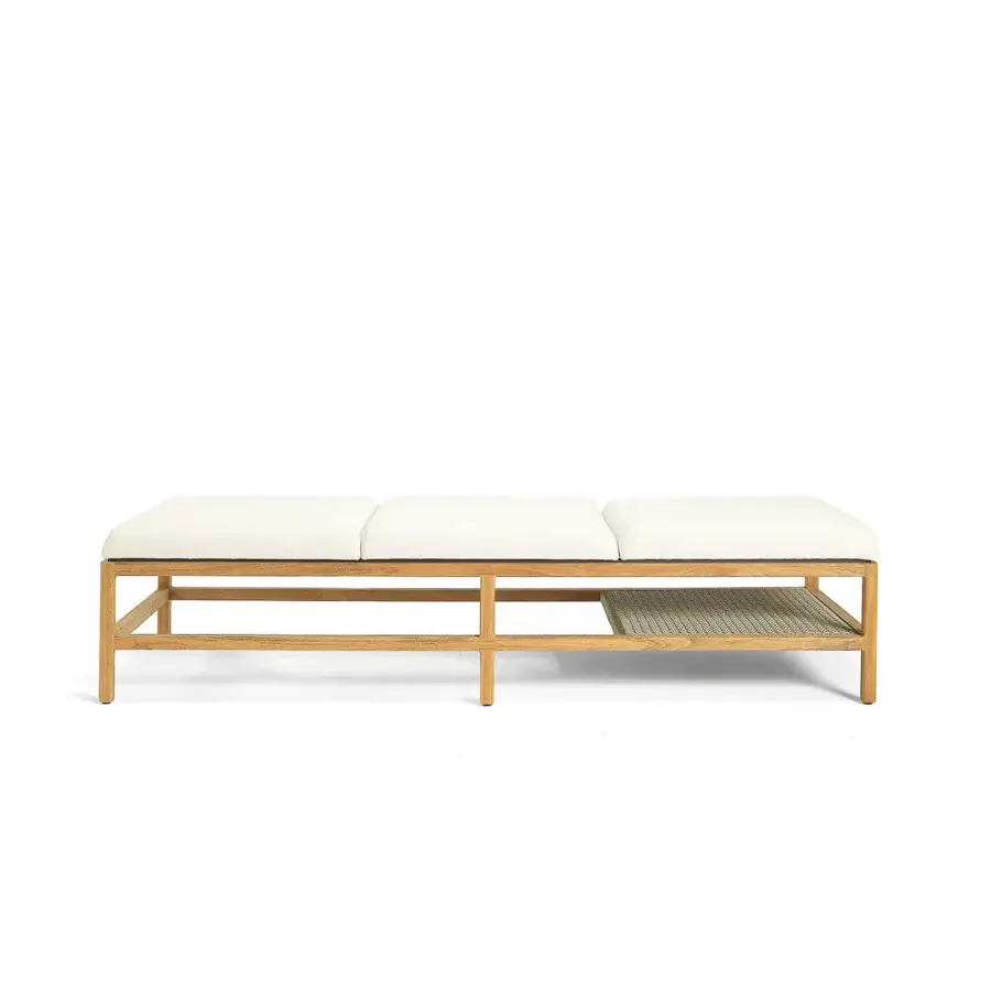 Exceptional Ethimo Grand Life lounger crafted in Italy with light-toned wood and refined woven synthetic shelf with soft light beige cushions