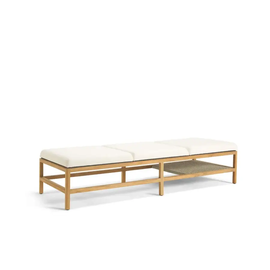 Sophisticated Ethimo Grand Life lounger crafted in Italy with light beige cushions and satin-finish wood frame