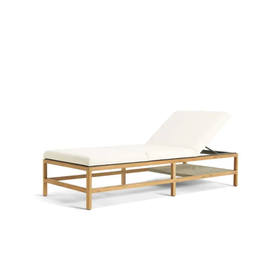 Elegant Ethimo Grand Life lounger crafted in Italy with satin-finish wood and light textile upholstery