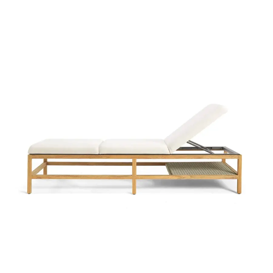 Distinguished Ethimo Grand Life lounger crafted in Italy with wood frame and off-white woven detail, presenting a satin finish