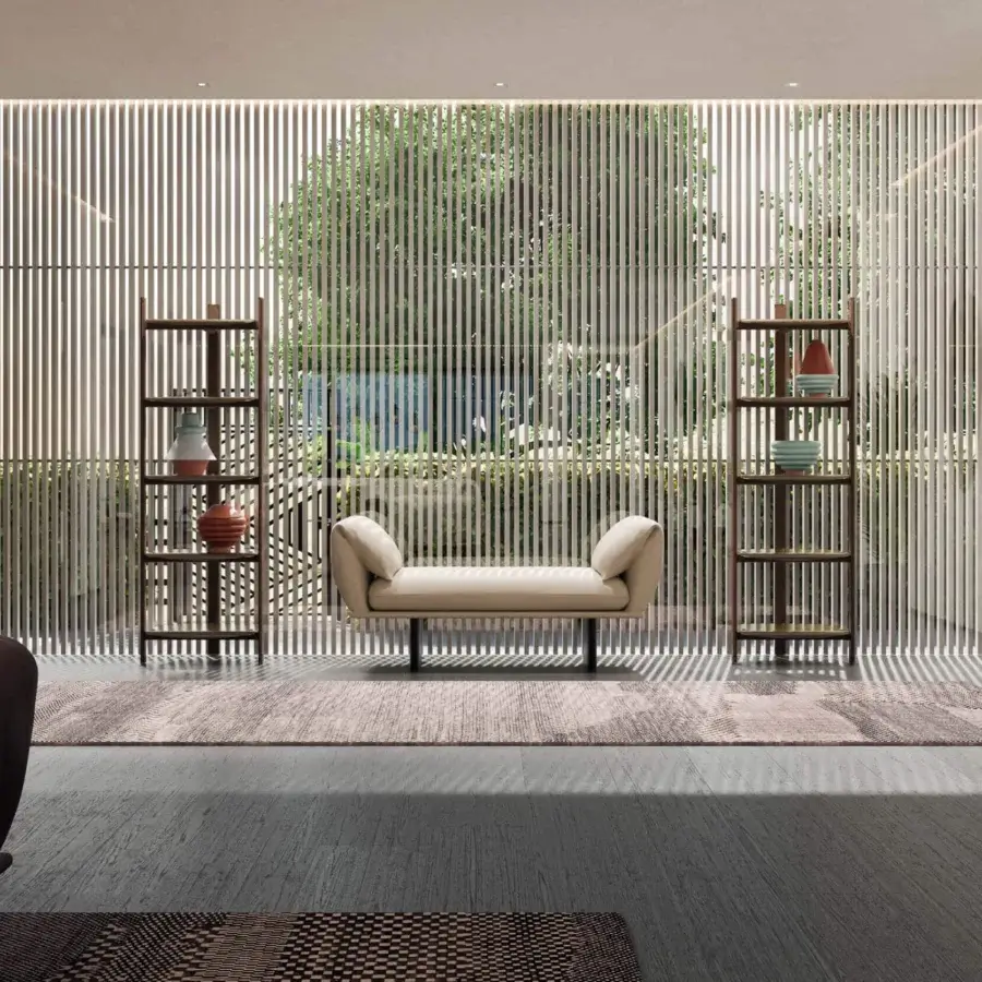 Superior Borzalino Petra bookcase with medium brown wood finish and transparent tempered glass shelves crafted in a repeating vertical slat design