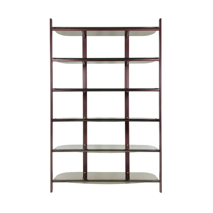 Distinguished Borzalino Petra bookcase crafted with a dark reddish-brown finish and tempered glass shelves within a metal frame