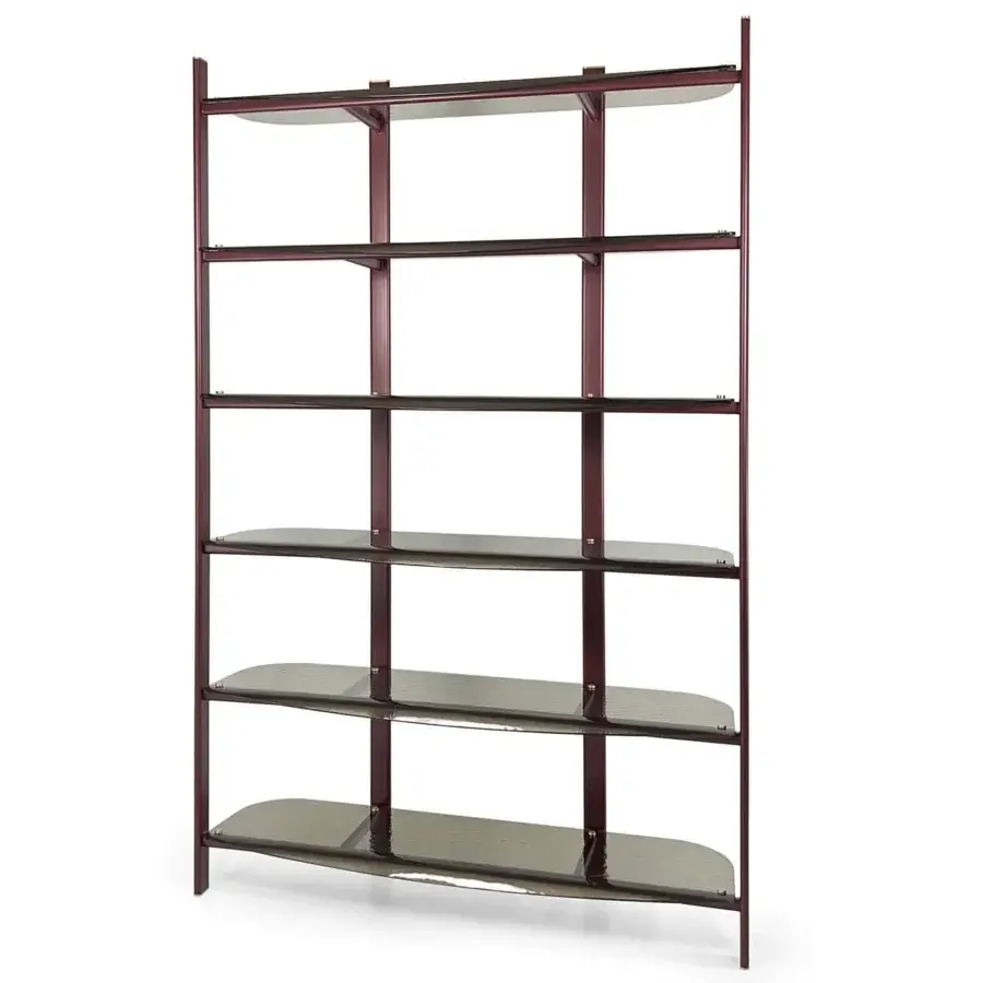 Architectural Borzalino Petra bookcase with reddish-brown wood and subtly curved gray-tinted transparent tempered glass shelves in a satin finish