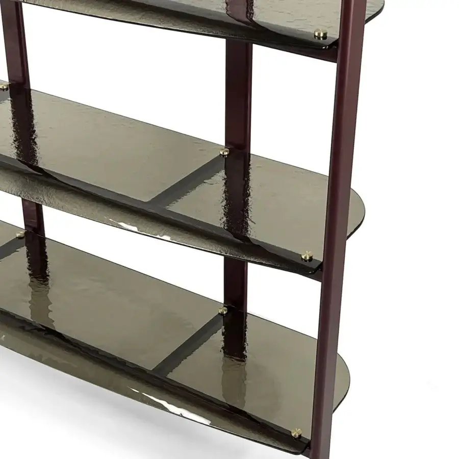 Superior Borzalino Petra bookcase with dark reddish-brown wood and textured transparent glass shelving crafted in Italy