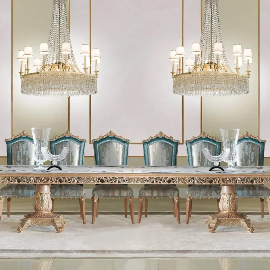 Lavish Zanaboni T/5000 table crafted with inlaid creamy white marble and hand-carved wood in antique patina