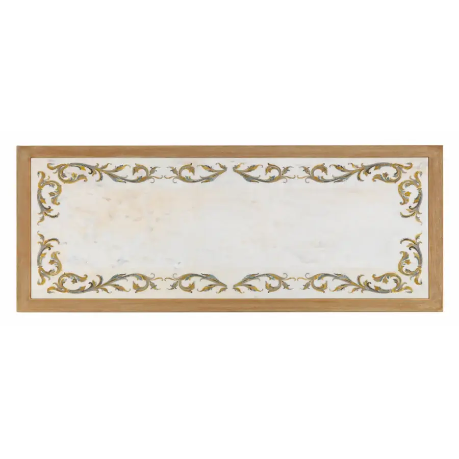 Distinguished Zanaboni T/5000 table built with hand-carved solid wood and spectacular inlaid marble with hand-cut stone scrolls in pale gold and white tones