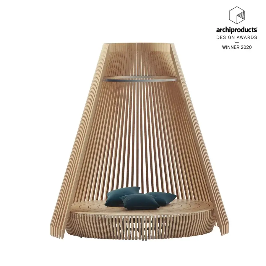Distinctive Ethimo Hut daybed crafted in medium-brown wood with a matte finish and teal cushions offers a contemporary outdoor retreat