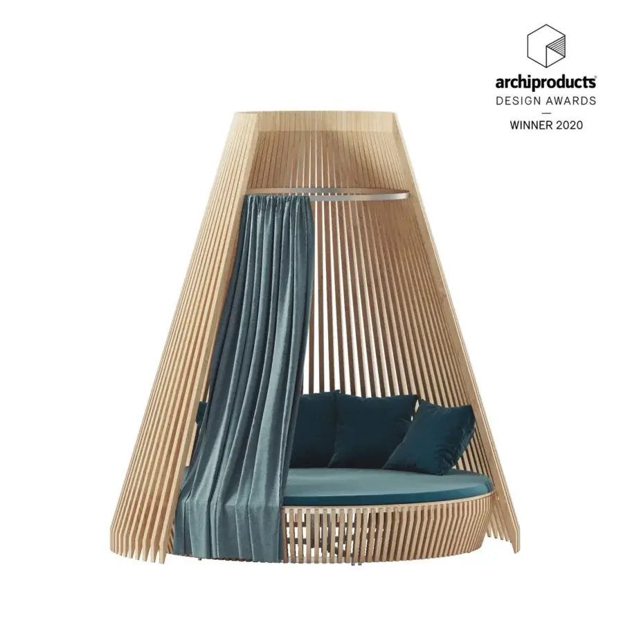 Sophisticated Ethimo Hut daybed built in satin-finish wood with deep teal textile draping for a cozy interior