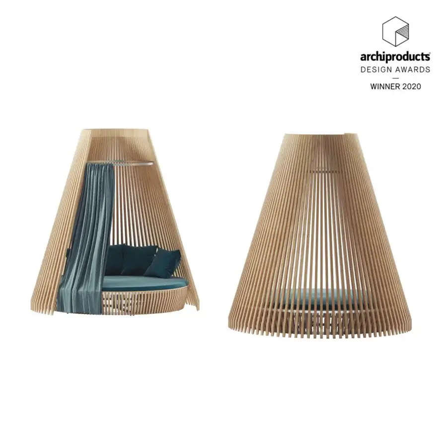 Distinctive Ethimo Hut daybed crafted in wood with matte finish and soothing teal cushioned textile within a conical frame