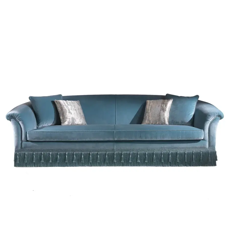 Lavish Zanaboni Theater sofa crafted in deep teal blue fabric with curled armrests and silvery-grey accents