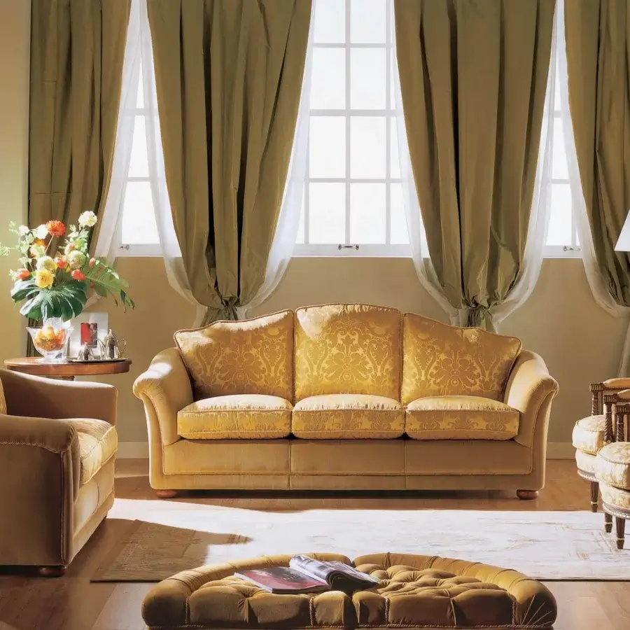 Distinguished Zanaboni Vendome sofa upholstered in golden yellow textile with a subtle satin finish