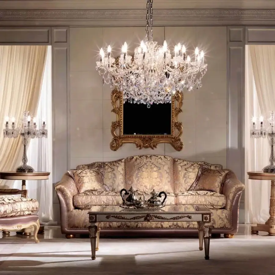Lavish Zanaboni Vendome sofa upholstered in floral textile with satin finish and gold-toned wooden legs