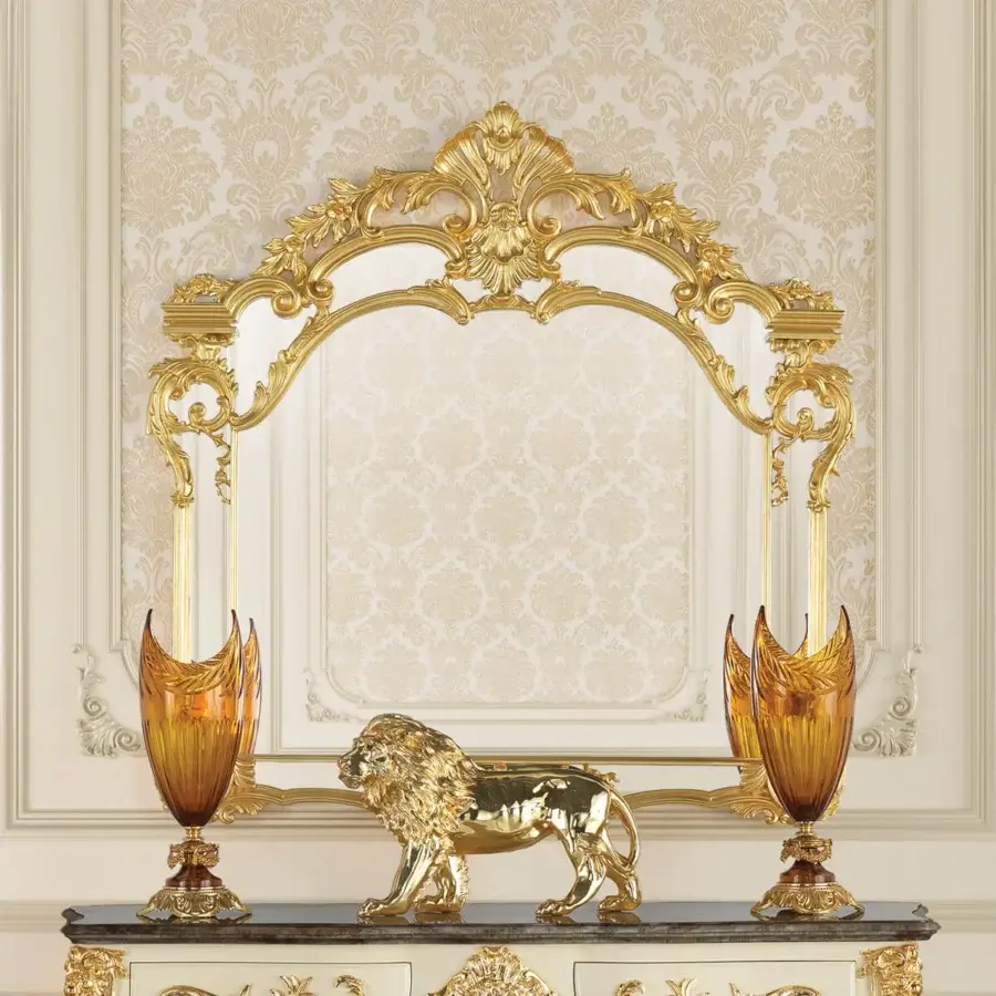 Exquisite Modenese Midnight Moon mirror crafted in Italy with floral motifs and glossy gold-colored wood finish