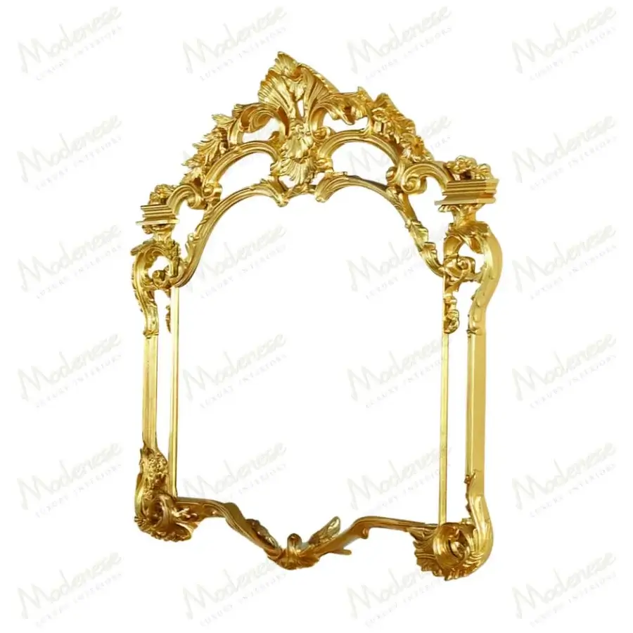 Captivating Modenese Midnight Moon mirror with sculpted frame, floral patterns and glossy golden finish